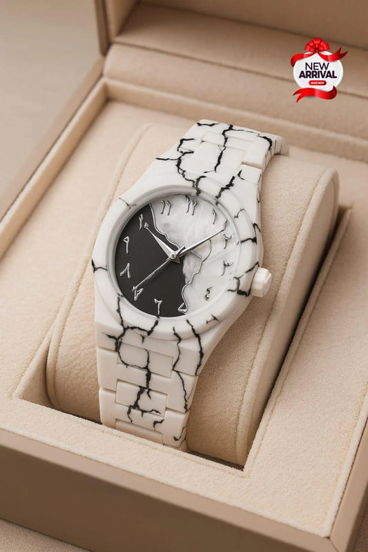 Exclusive White Marble Watch | Black & White Split Mother of Pearl Dial | Unique Cracked Pattern Strap | Arabic Numerals Luxury Timepiece